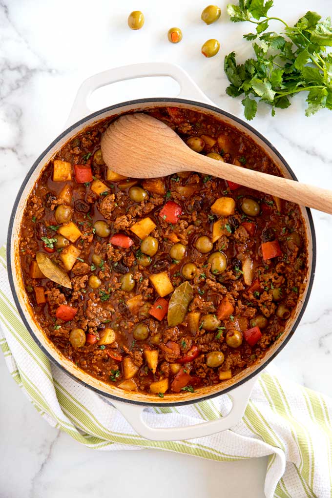 Top view of a Skillet filled with Cuban Picadillo