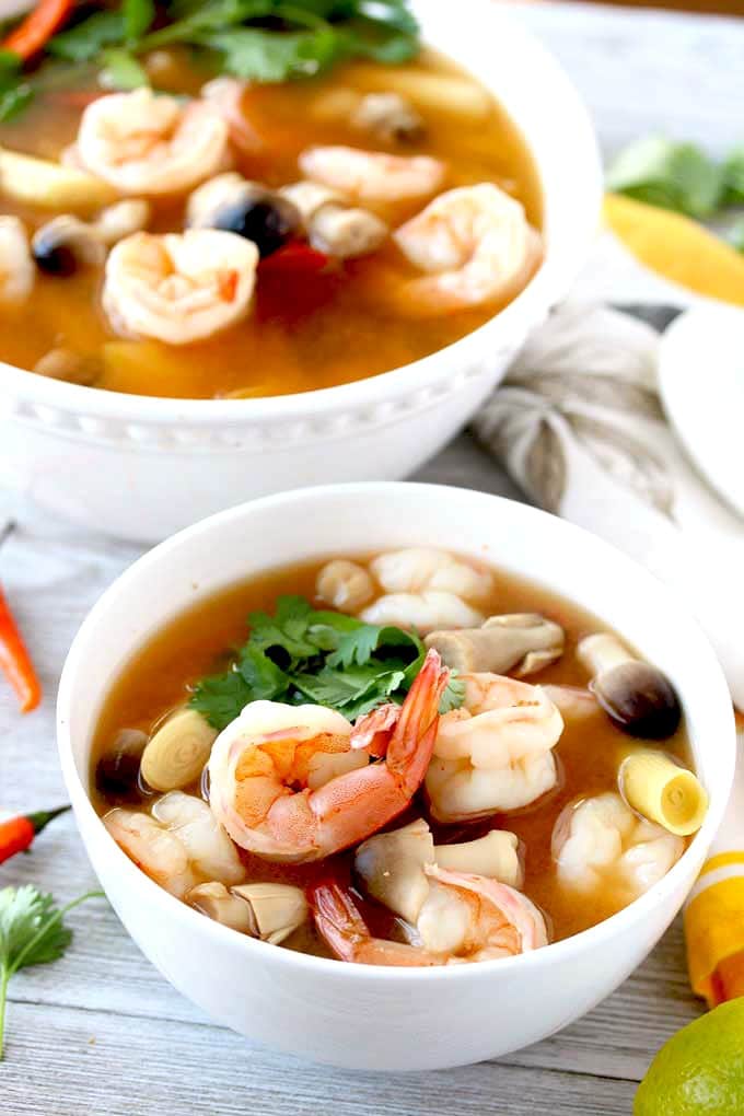 Tom Yum soup with shrimp on a white bowl