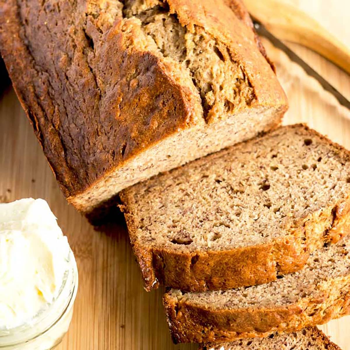 Top view of sliced loaf of banana bread