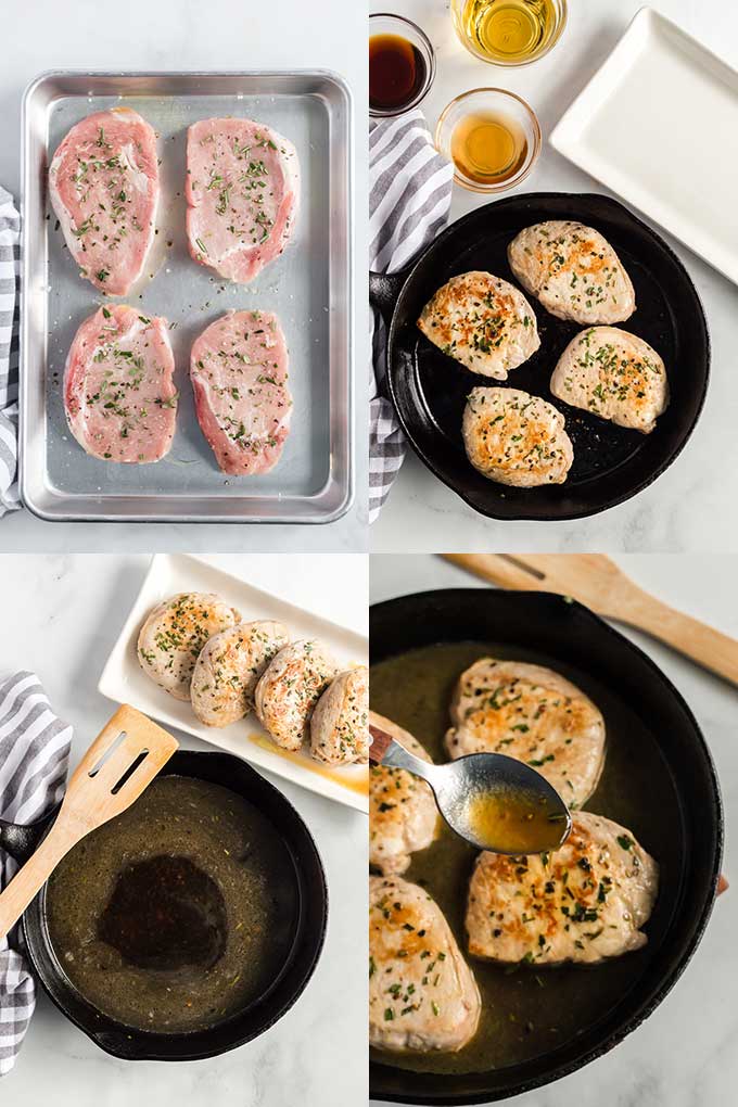 Step by step photos for making pan seared pork chops.