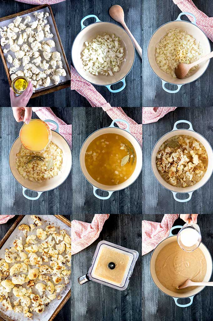 Collage of step by step photos on how to make roasted cauliflower soup