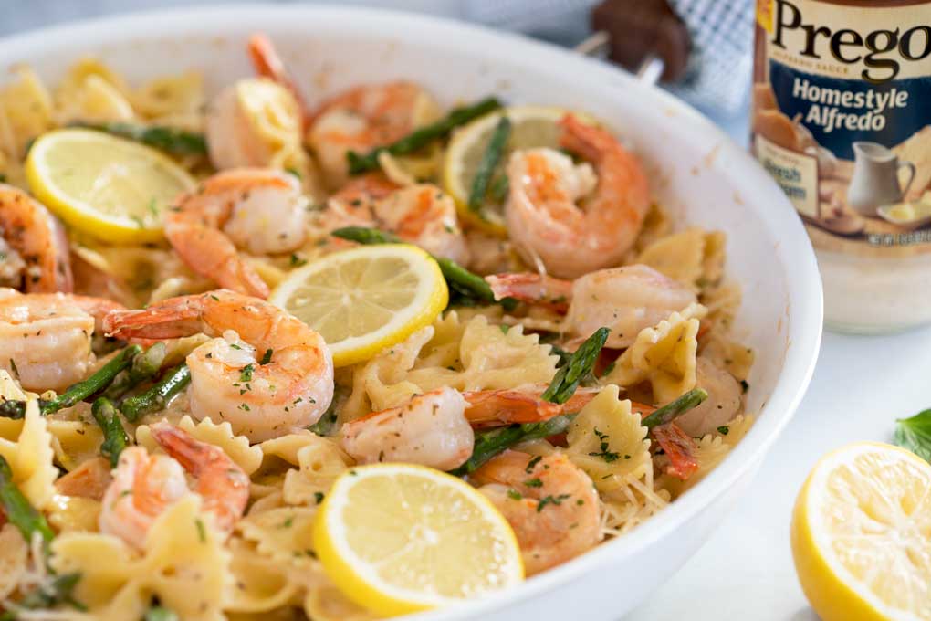 Shrimp and Pasta with Parmesan in a skillet.