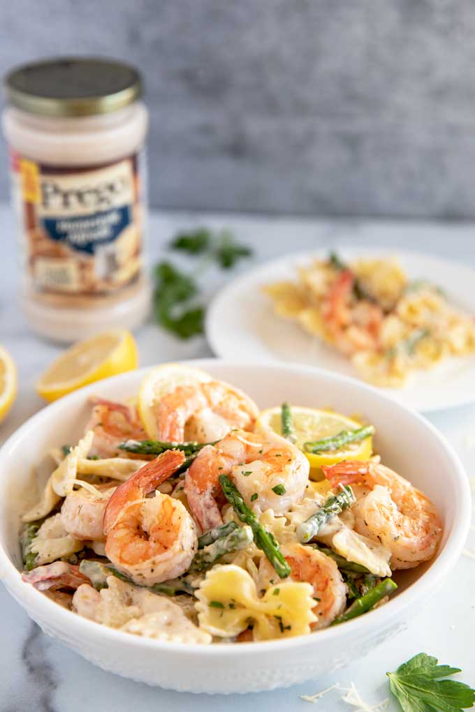 Lemon Garlic Parmesan Shrimp Pasta in a white bowl