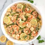 Shrimp and parmesan pasta in a bowl