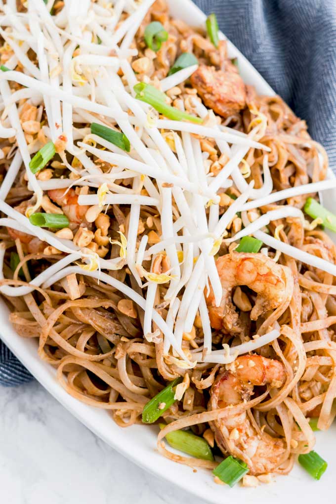 Pad Thai with shrimp served on a platter
