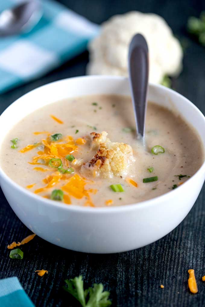 Close up of bowl of roasted cauliflower soup