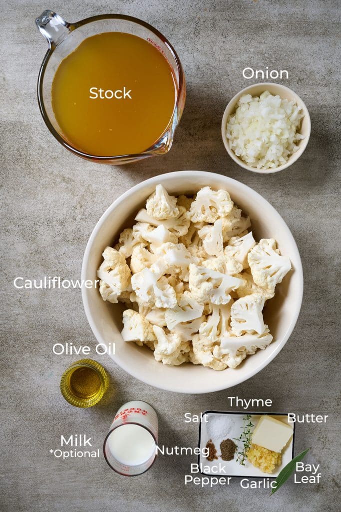 Ingredients to make Creamy Roasted Cauliflower Soup