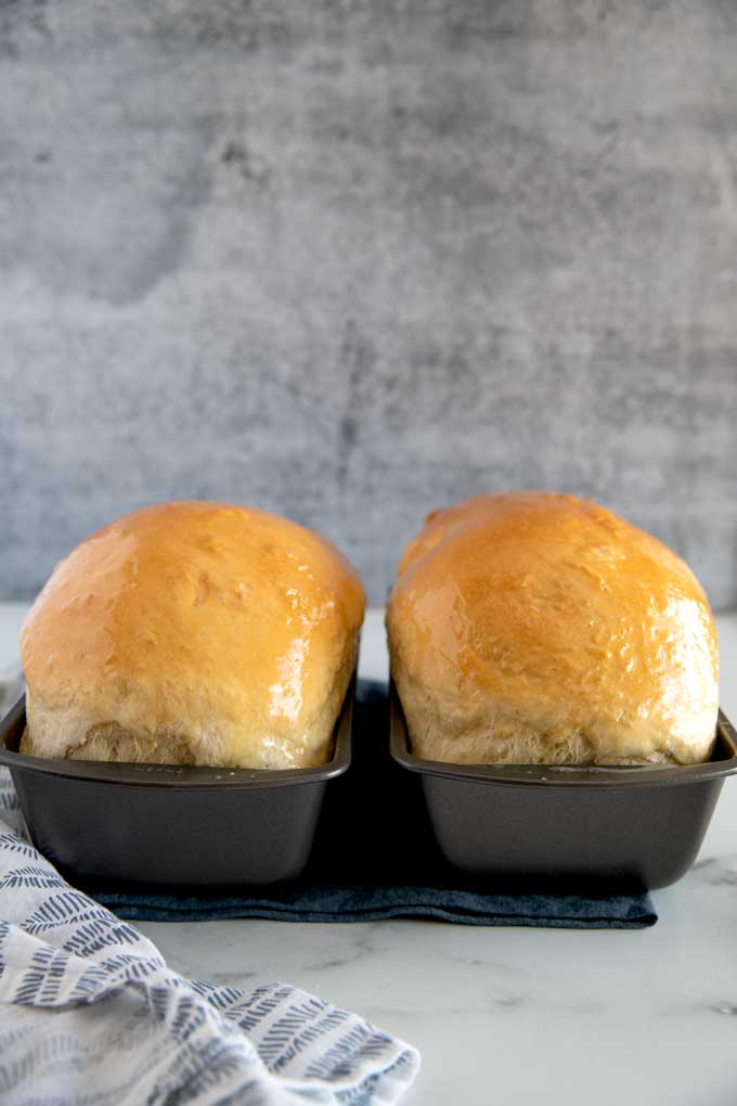 Two loaves of butter top white sandwich bread in loaf pans.