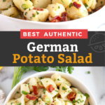 This German Potato Salad Recipe is made with tender red potatoes and crispy bacon tossed with the best vinegar-mustard dressing. This easy and tasty German Potato Salad can be served warm or cold.