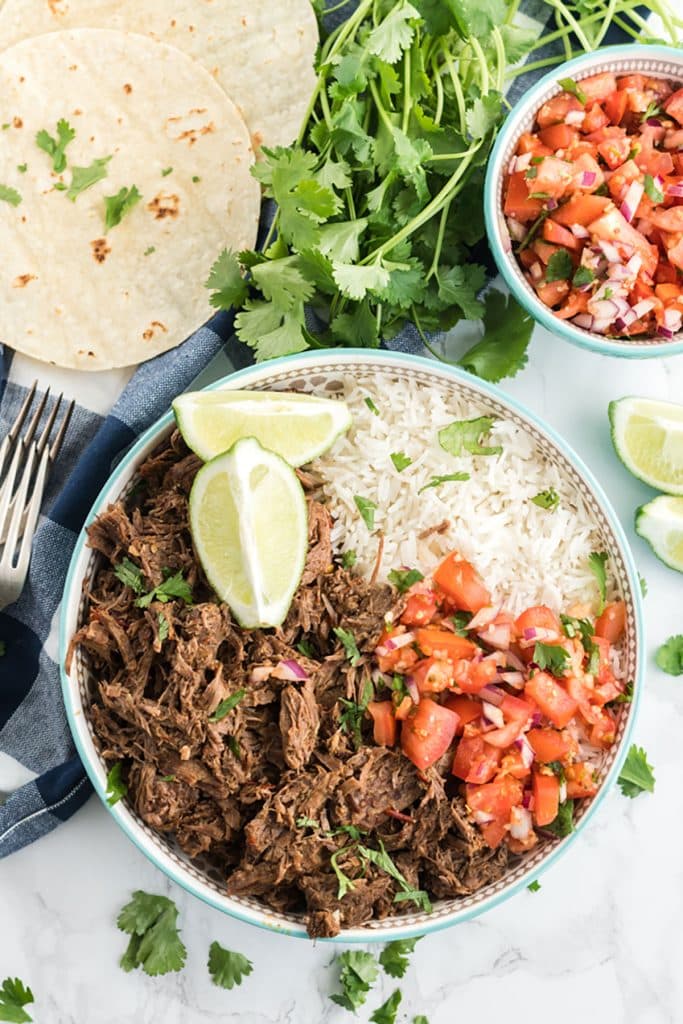 Shredded barbacoa beef with rice and pico de gallo in a white bowl