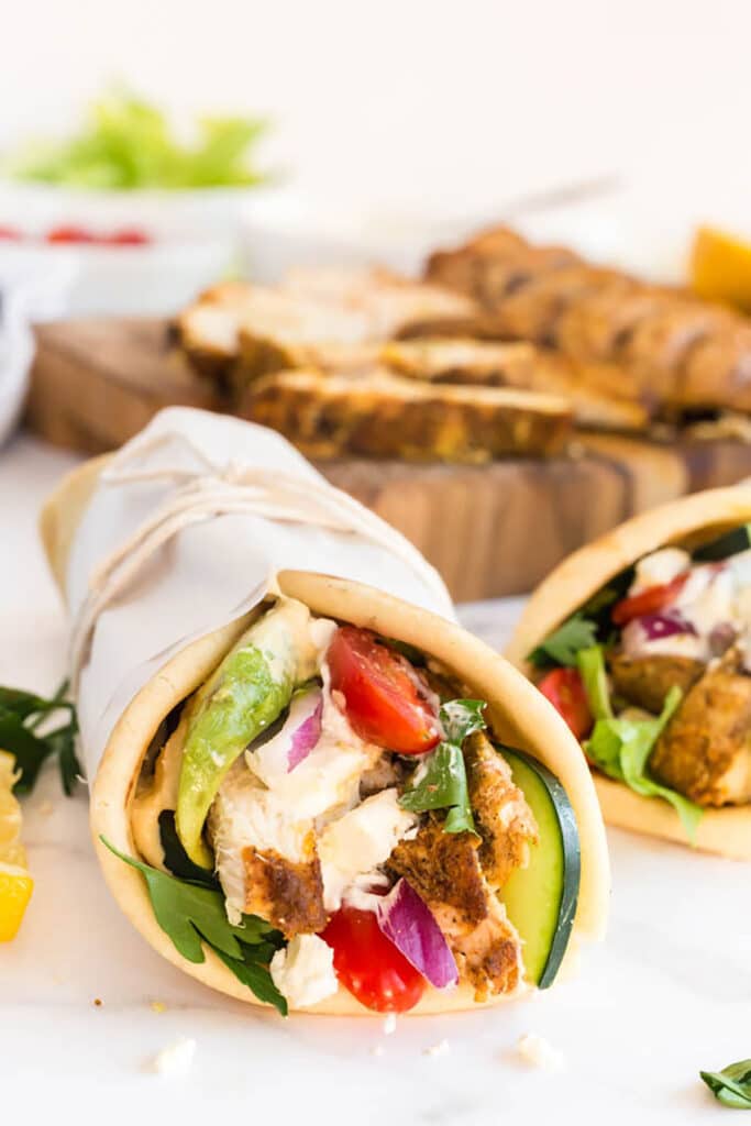 Close up of a Chicken Shawarma with veggies