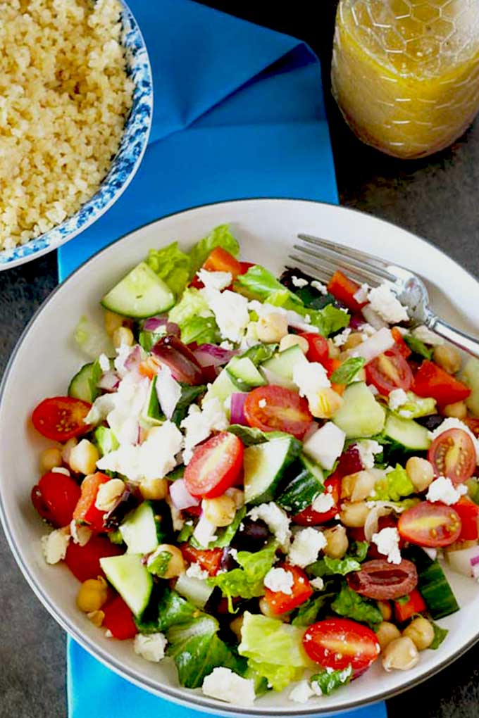 The best Chopped Greek salad served in a bowl.