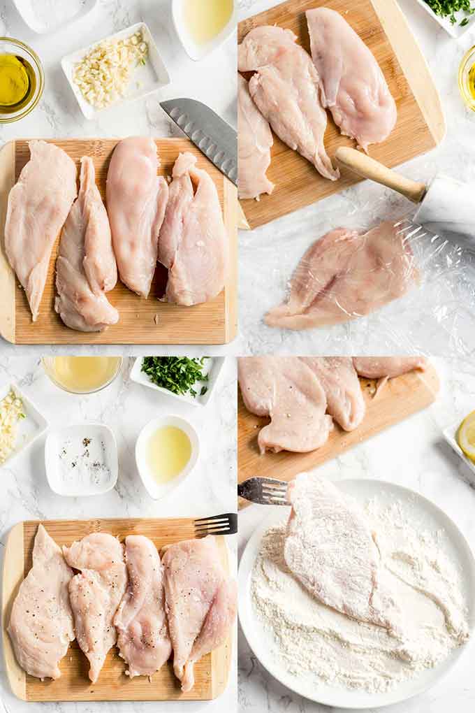 Step By Step photos on how to cut and season chicken cutlets to make Piccata.