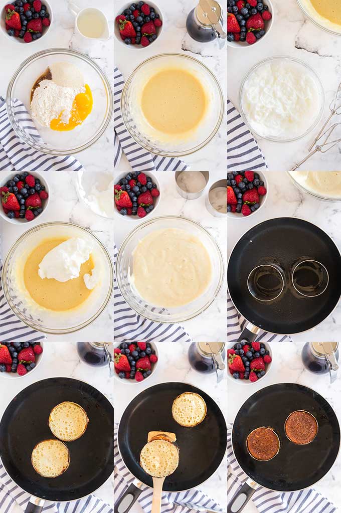 Collage of step by step photos for making Fluffy Japanese Pancakes