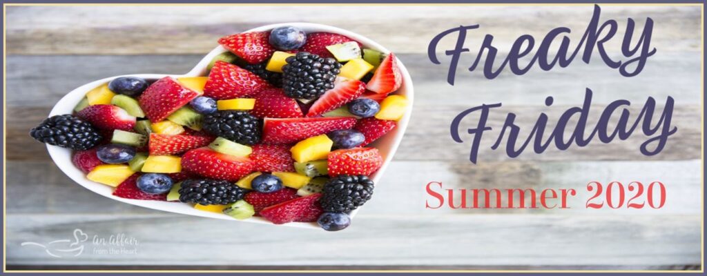 a freaky friday banner with a heart shaped bowl with fruits