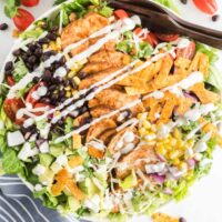 The best chopped BBQ chicken salad in a white bowl.