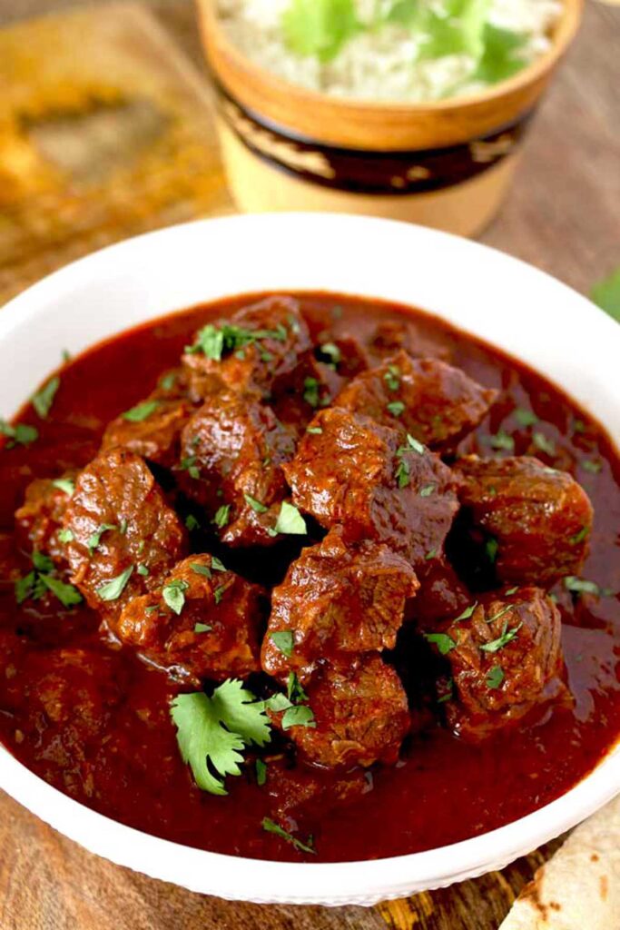 A bowl filled with Chile Colorado Mexican beef stew