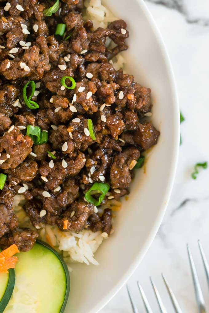 Close Up view of Korean Ground Beef in a white bowl.