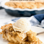 Pin image of Dutch Apple Pie slice topped with ice cream on a white plate
