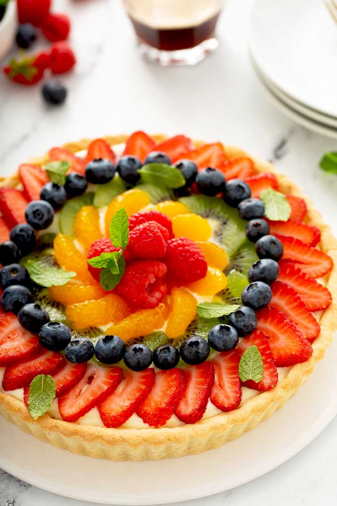 A close up view of French Tart with fresh fruit topping.