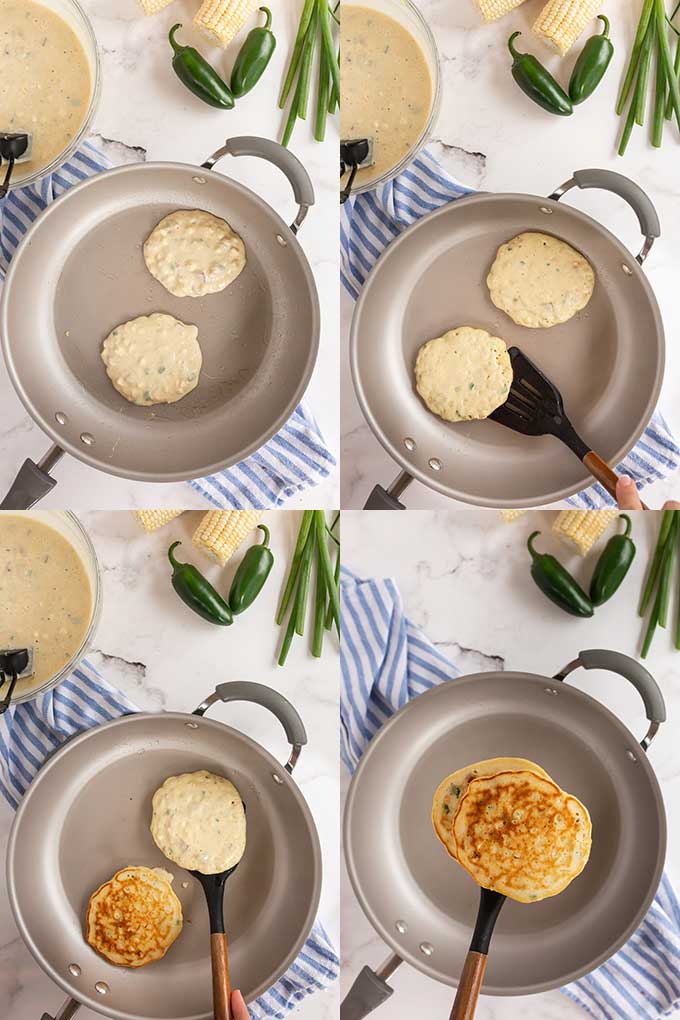 Collage of step by step photos showing how to make homemade corn and bacon pancakes.