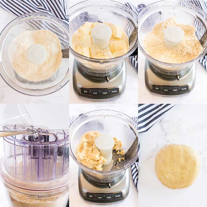 Step by step images for making pie dough in a food processor.