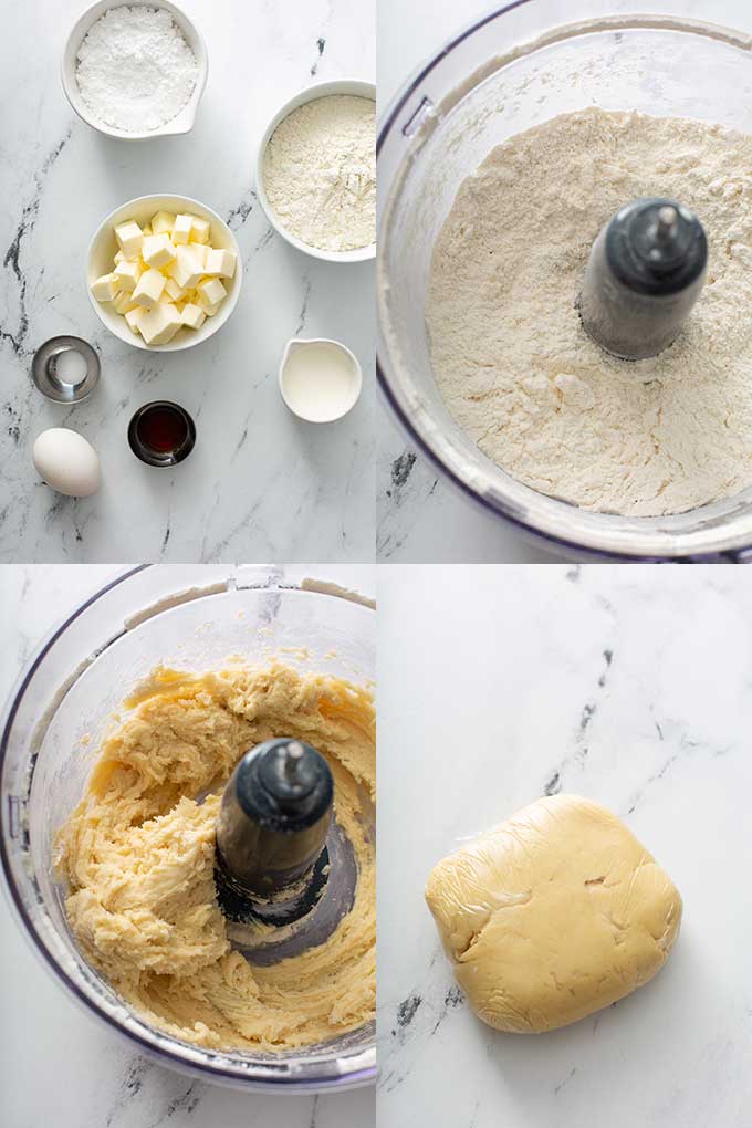 Collage image of the tart crust ingredients and the steps to make the tart crust or shell