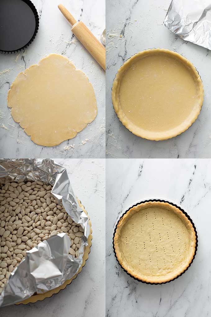 Image of the steps for rolling the tart crust dough, adding it to the tart pan, blind baking the tart crust and a baked tart crust or shell.