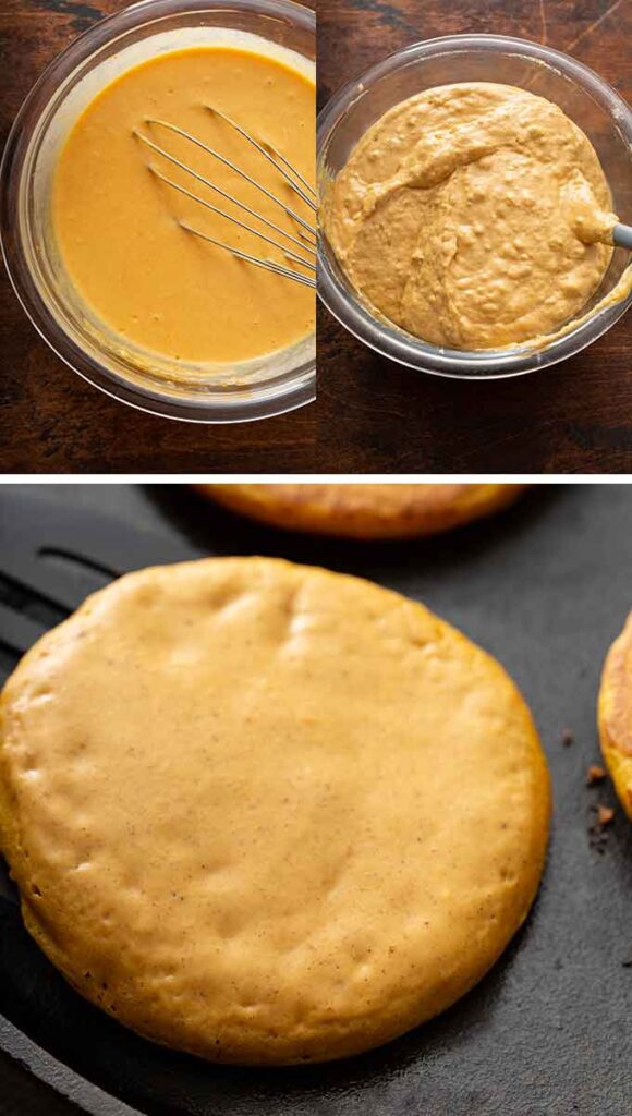 Step by step photos for mixing and cooking pumpkin spice pancakes