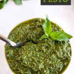 Pin image of the top view of bowl filled with pesto