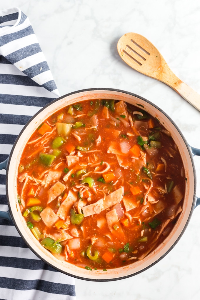 Mexican Chicken Tortilla Soup in a Dutch oven.