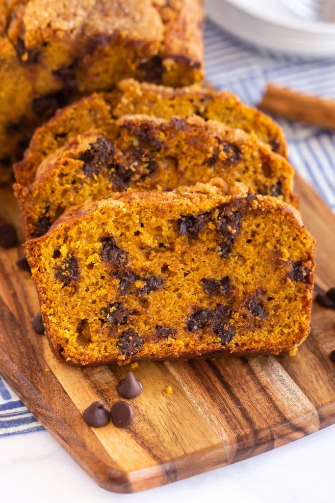 Close up view of a Pumpkin loaf with Chocolate Chips sliced
