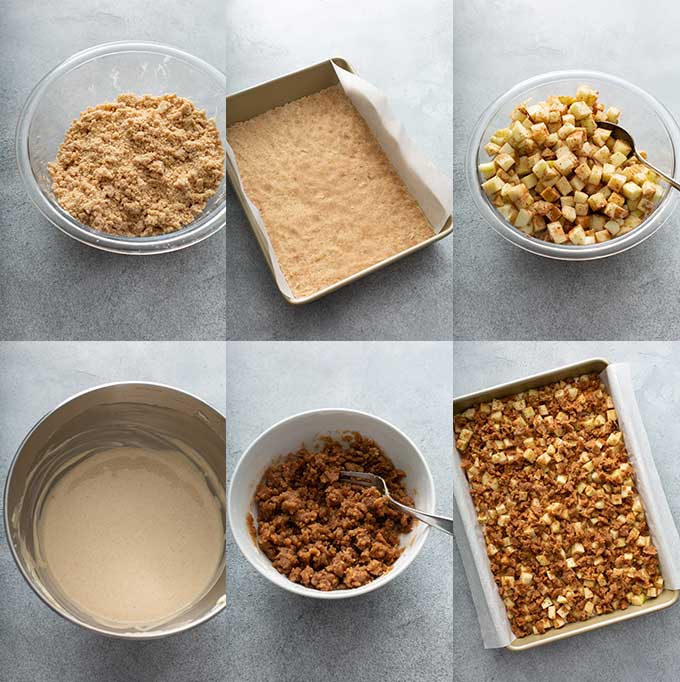 Collage photos of the step by step process on how to make Apple Cheesecake Bars.