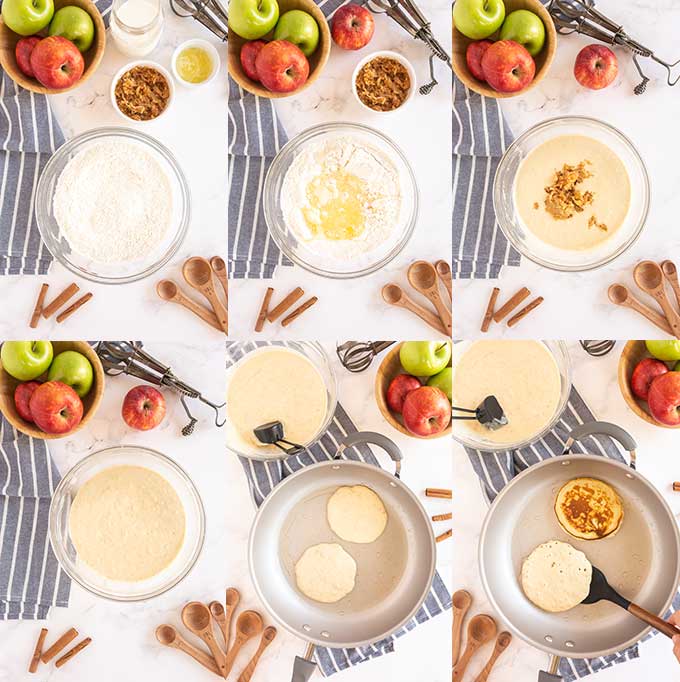 Step by step photos on how to make apple pancakes.