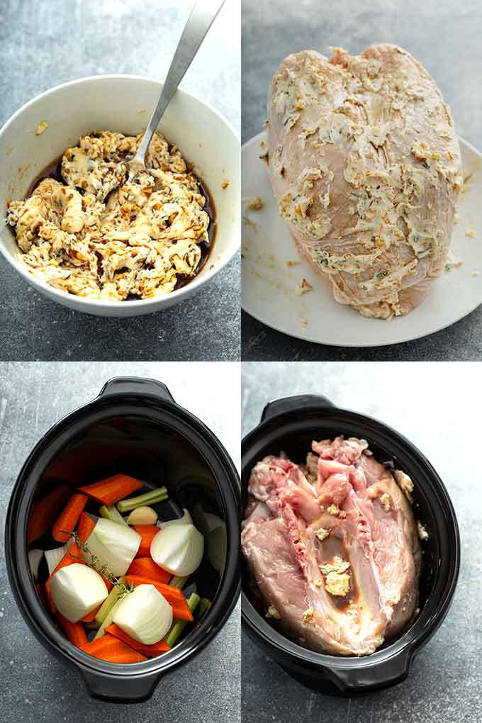 Collage of photos showing how to make the herb butter, season and prepare the turkey breast for cooking in the crock pot.