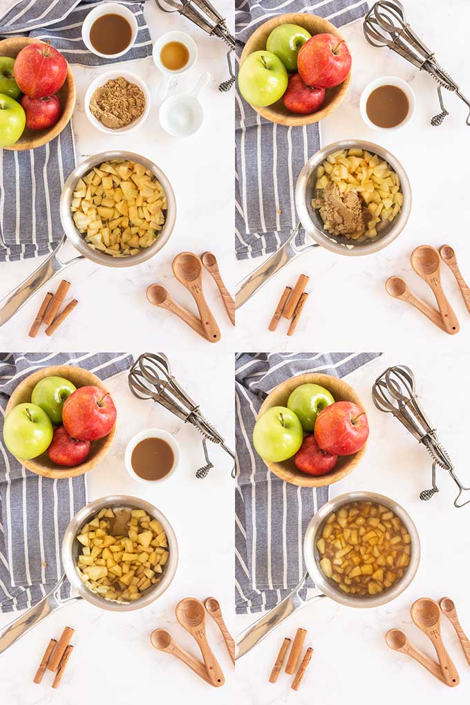 collage of step by step photos on how to make the caramel apple topping