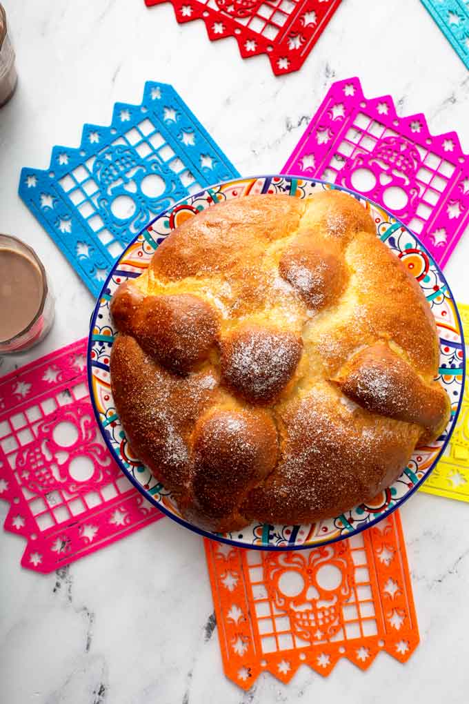 Top view of Mexican Pan de Muerto on a plate