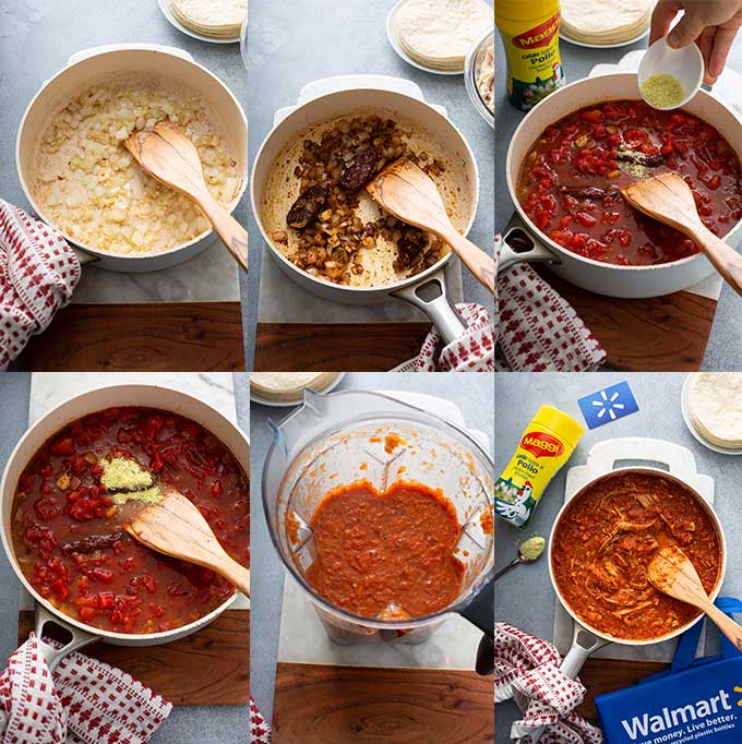 Collage of images of step and step instructions for making chicken tinga.