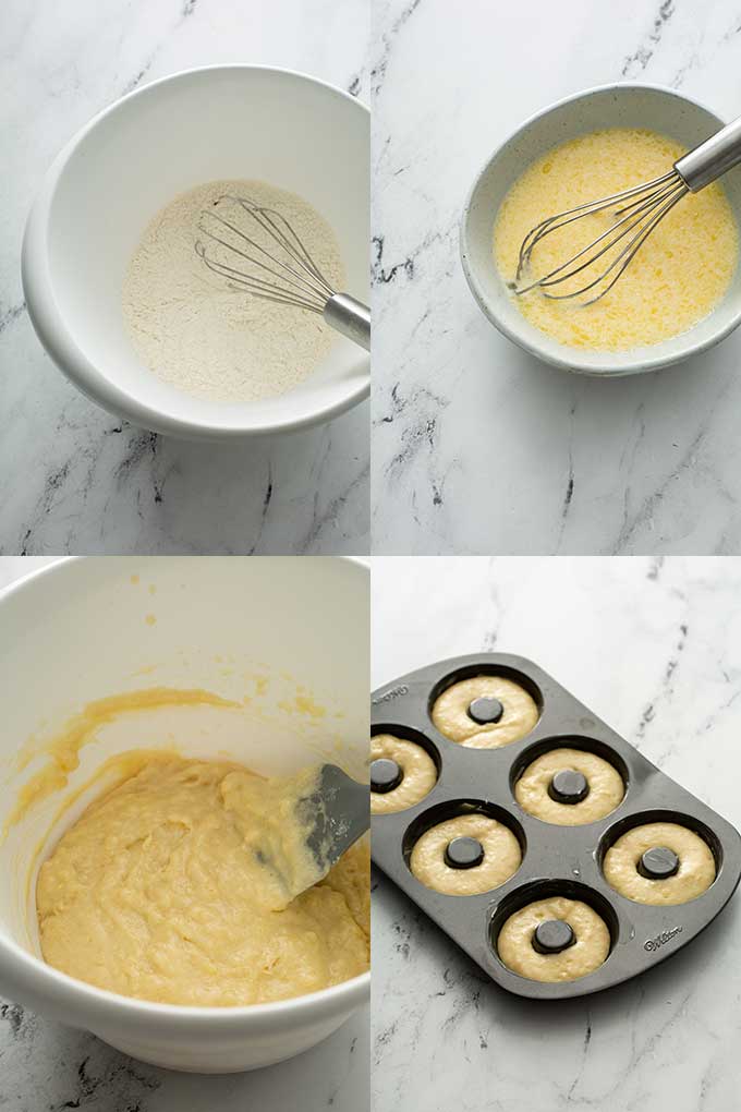 Step by step photos on how to make baked donuts.