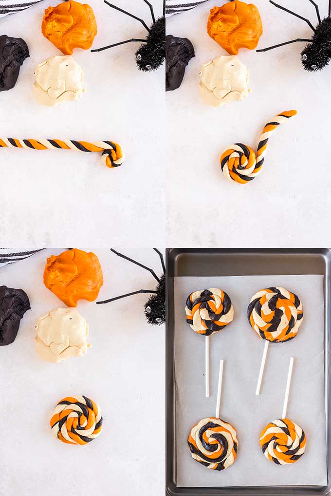 Step by step photos assembling lollipop cookies (coiling dough)