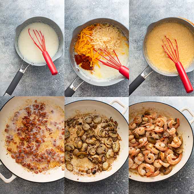 Photo collage of step by step photos on how to make Cajun shrimp and cheesy grits
