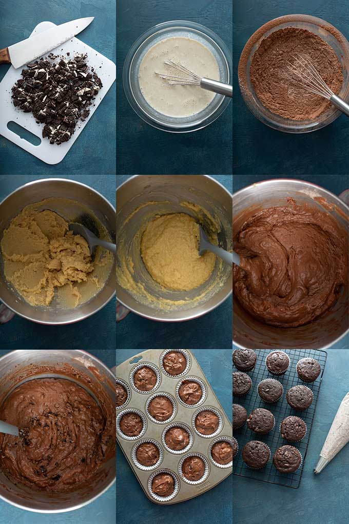 Step by step photos in how to make oreo cupcakes
