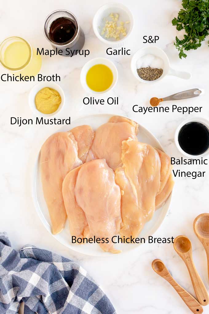 Ingredients to make Maple Balsamic Glazed Chicken.