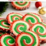 Pin image of a plate full of Christmas Pinwheel cookies.
