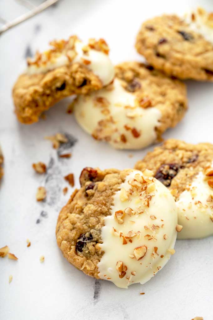 close up of oatmeal cookies over a marble surface
