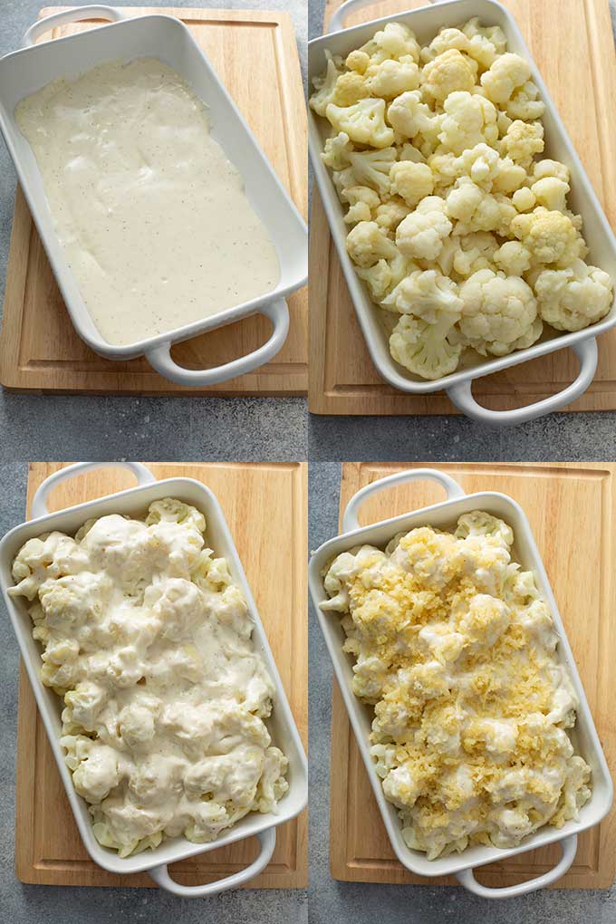 Collage of images on assembling the  cauliflower casserole