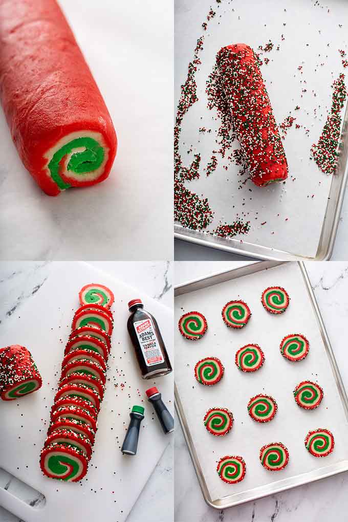 Image collage on how to roll the cookie dough into a pinwheel, and cut and bake cookies.