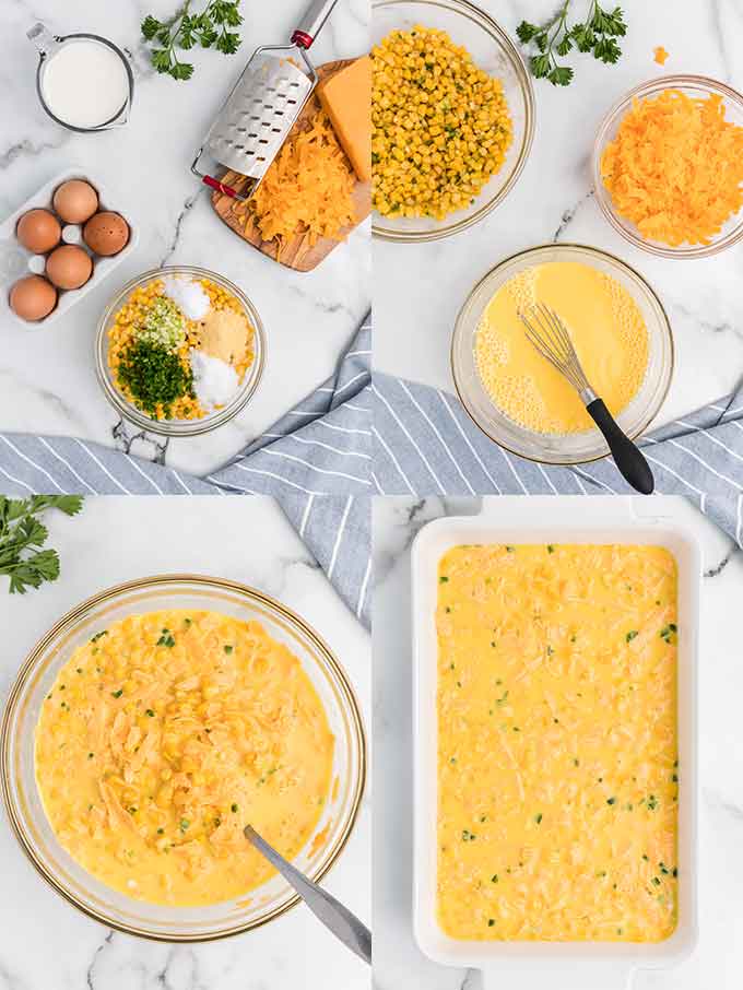 Image collage on how to make corn casserole recipe.