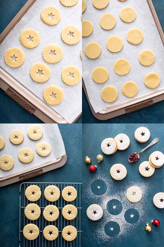 step by step photos on how to assemble linzer christmas cookies