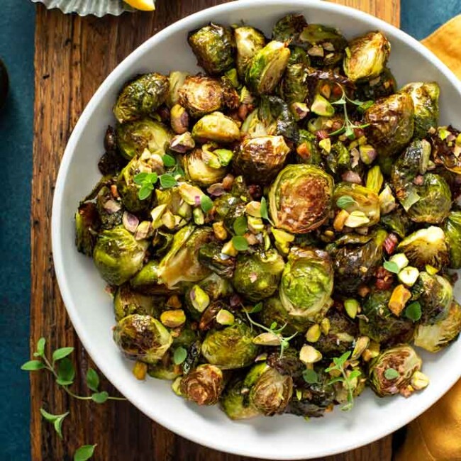 Roasted Brussels sprouts in a bowl.